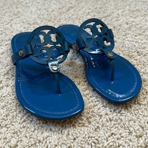 Tory Burch Blue Patent Leather Miller Sandals with Gold Hardware